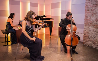 Musicians performing with violin, cello, and piano at Mozarthaus concert in Vienna.