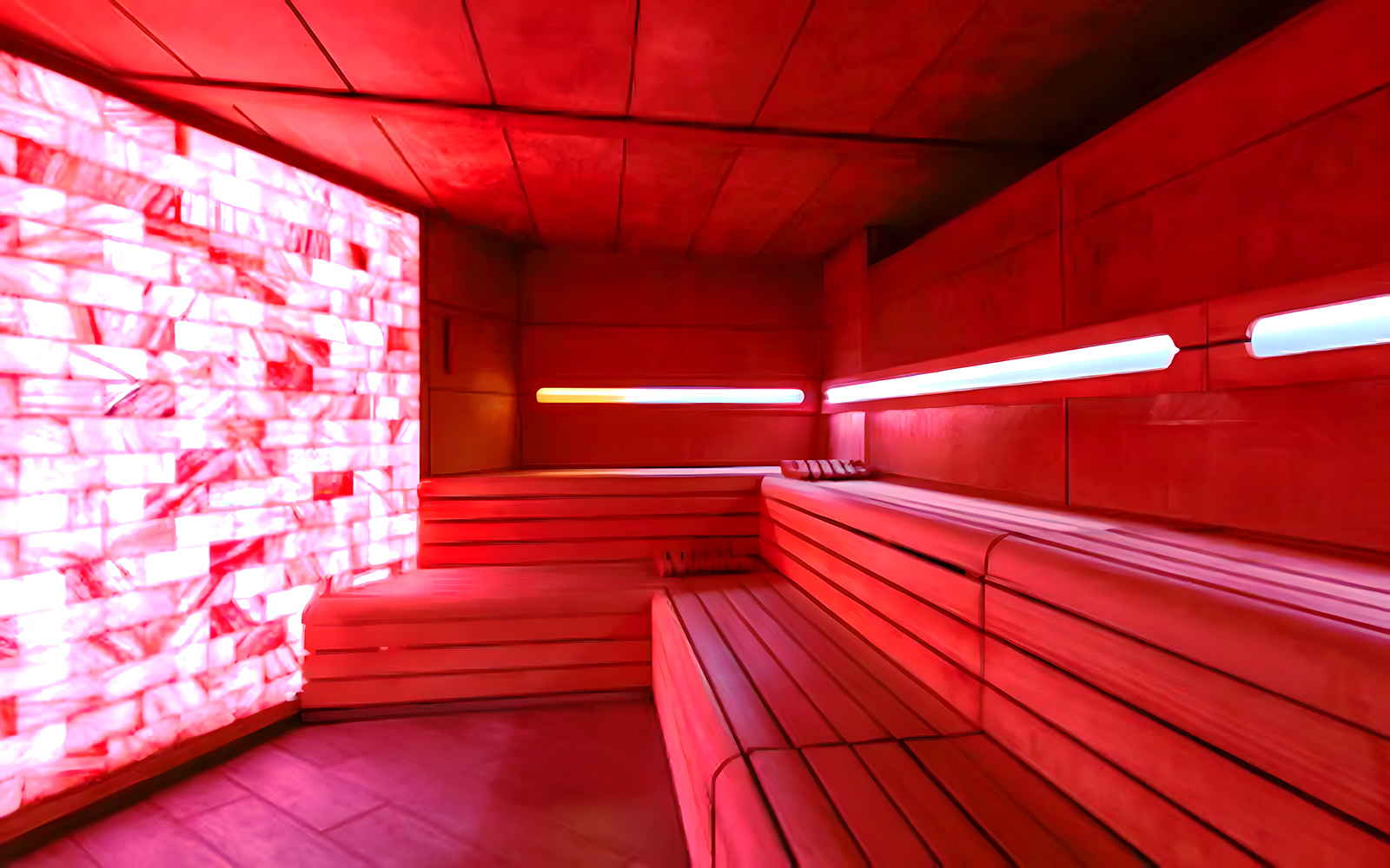 Chromatic sauna with salt wall