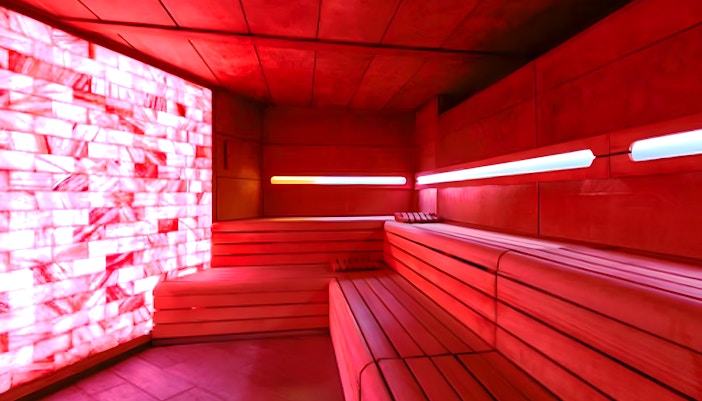 Chromatic sauna with salt wall
