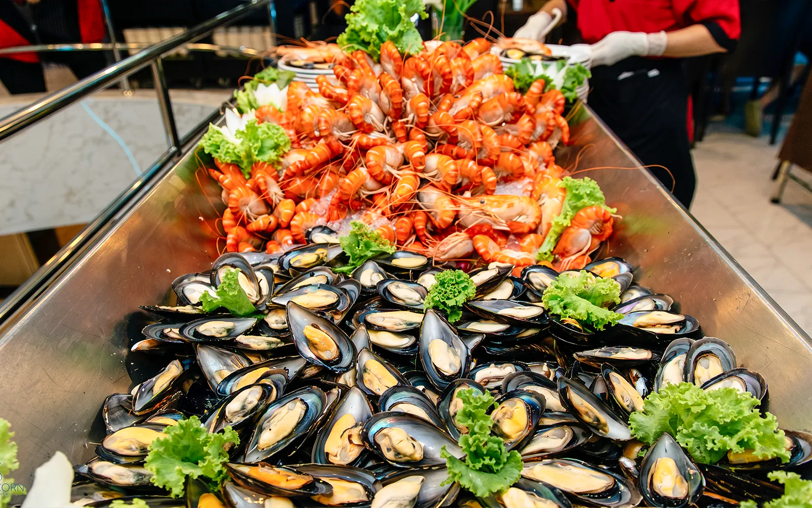 Seafood buffet with mussels and prawns on the Unicorn Dinner Cruise in Bangkok.