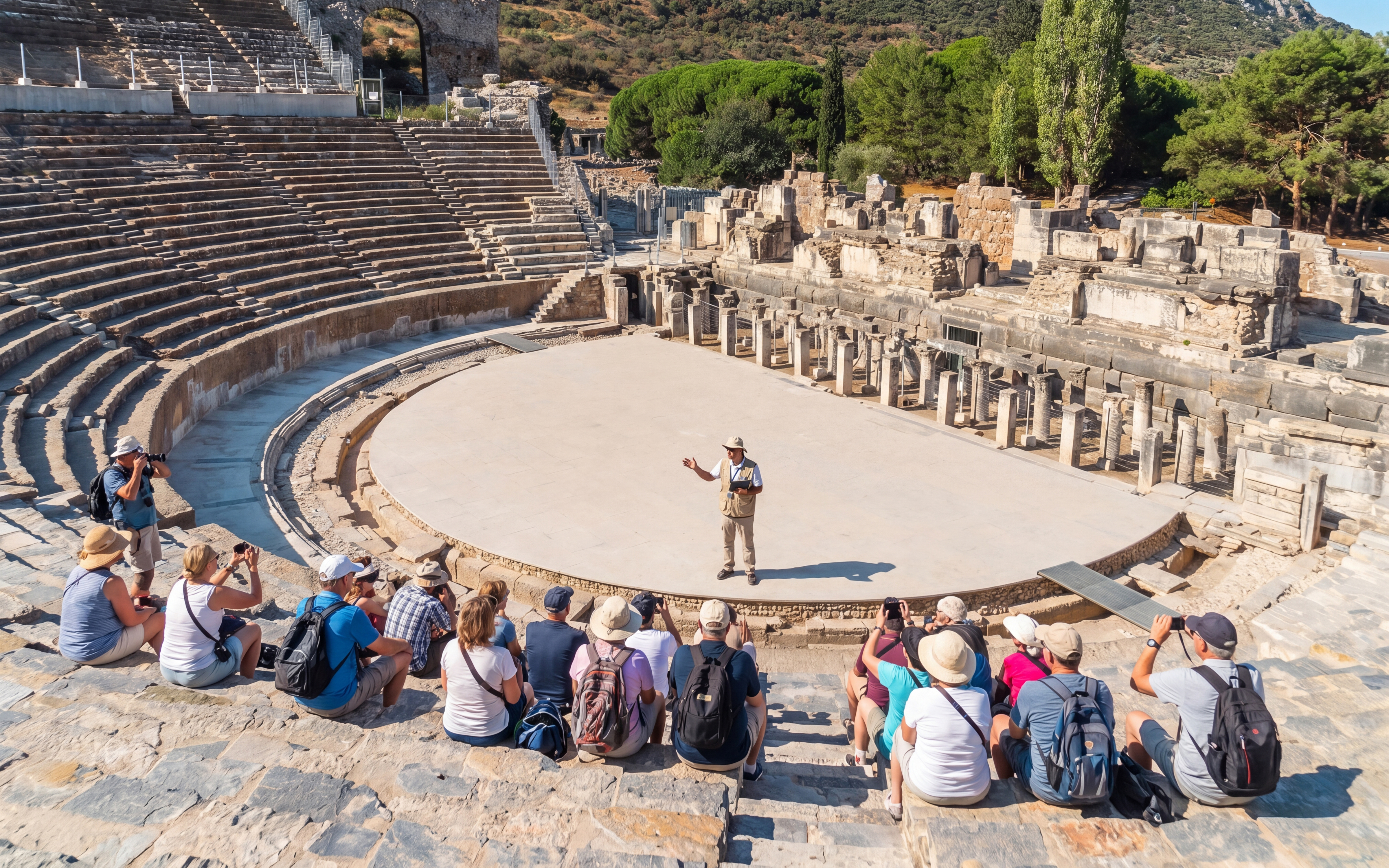 Tour group listening to a guide at the ancient amphitheater in Ephesus, Turkey.