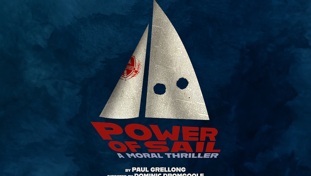 Sailboat silhouette with text "Power of Sail: A Moral Thriller" on a blue background.