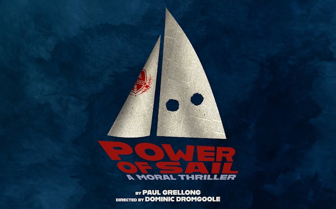 Sailboat silhouette with text "Power of Sail: A Moral Thriller" on a blue background.