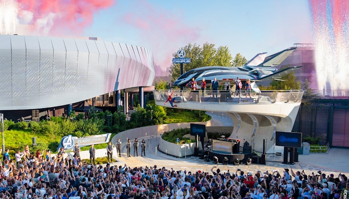 Avengers-themed attraction with characters and jet at Disneyland's Avengers Campus.