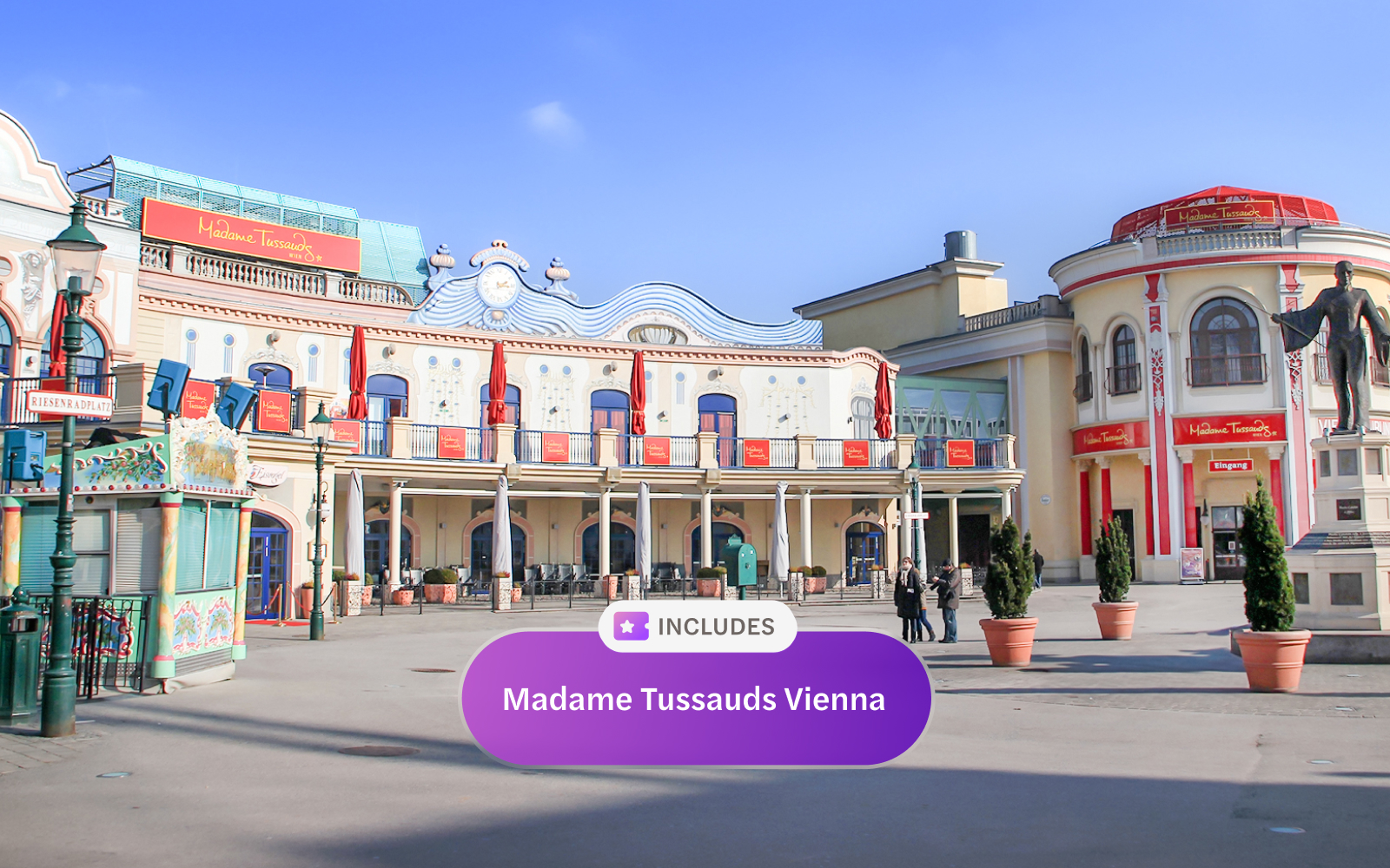 Madame Tussauds Vienna entrance with Vienna Pass inclusion sign.