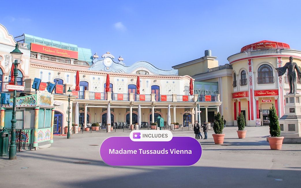 Madame Tussauds Vienna entrance with Vienna Pass inclusion sign.