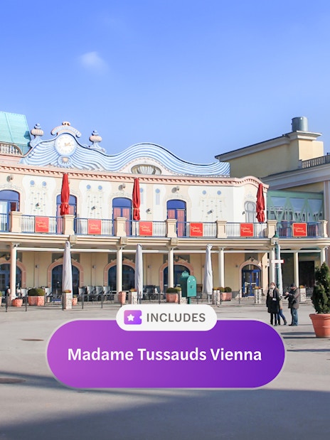 Madame Tussauds Vienna entrance with Vienna Pass inclusion sign.