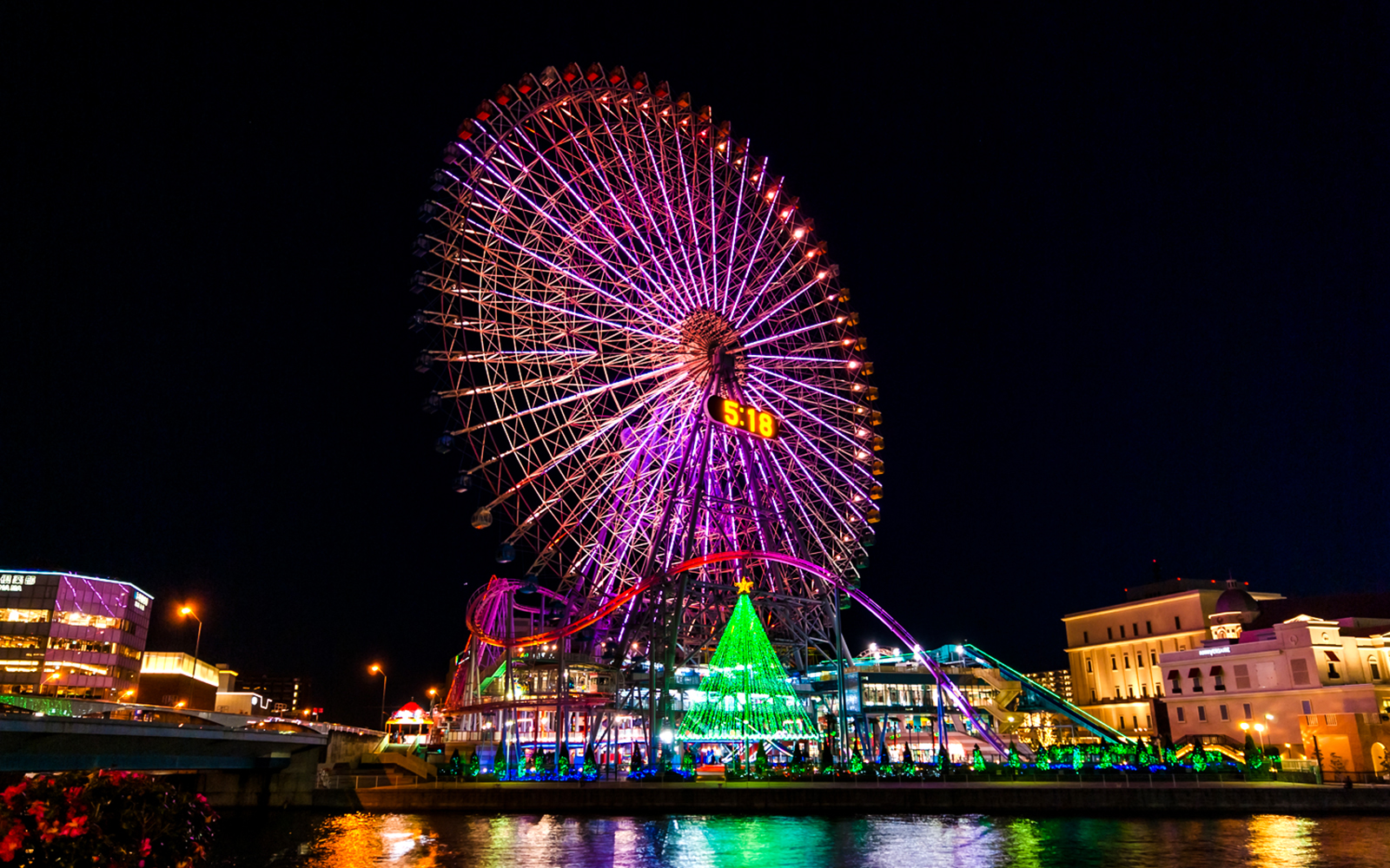 Ferris wheel illuminated at night in Yokohama, part of the Kamakura Yokohama Night View Tour.