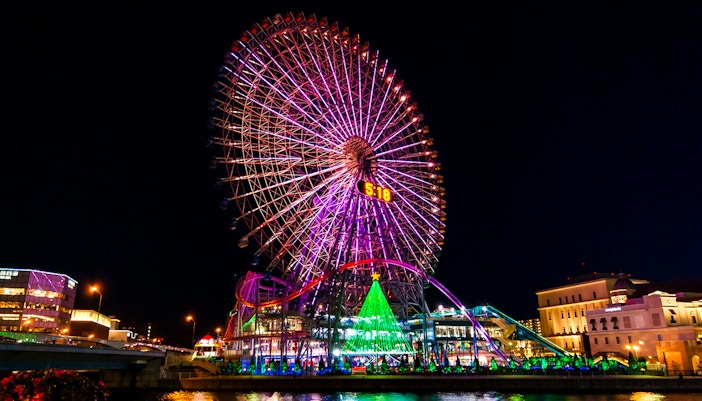 Ferris wheel illuminated at night in Yokohama, part of the Kamakura Yokohama Night View Tour.