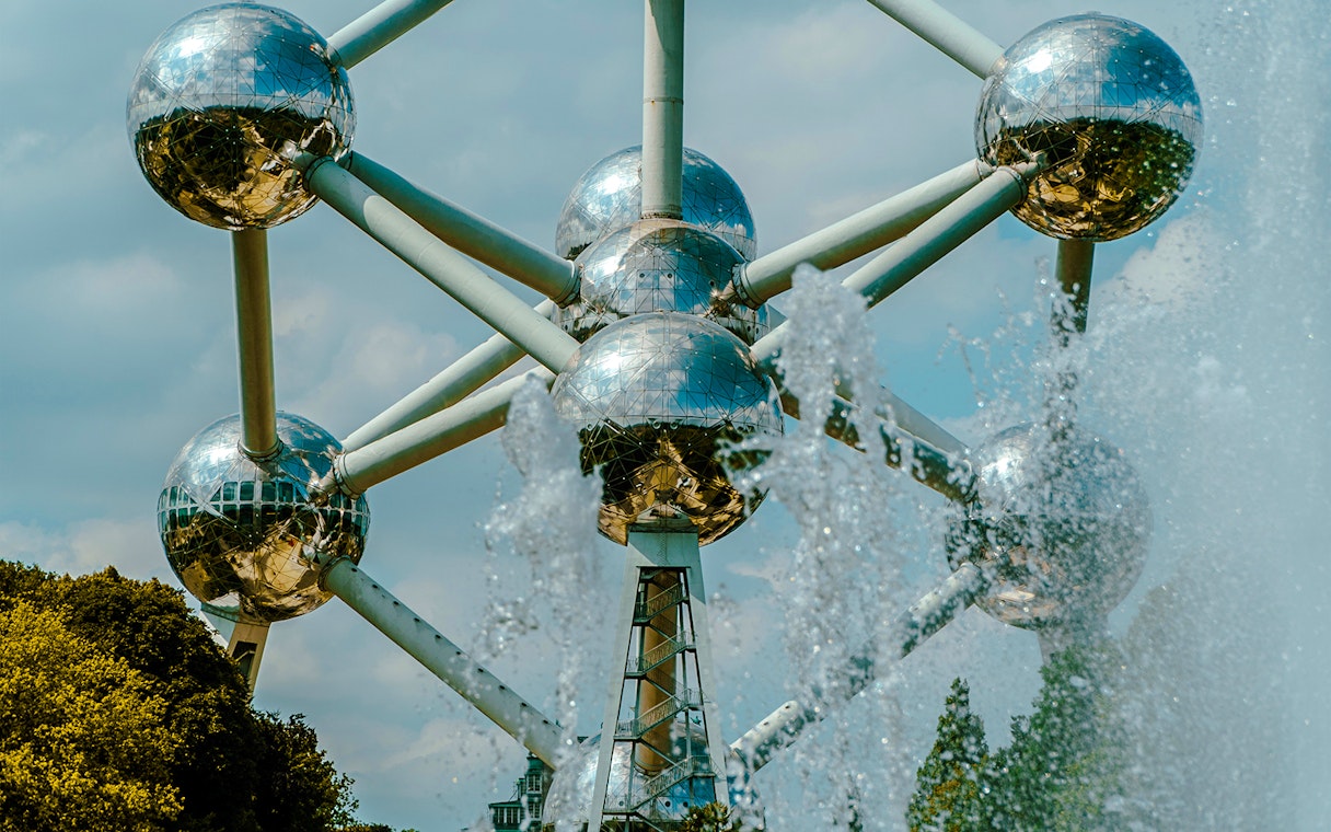 Atomium structure with fountains in Brussels, Belgium.