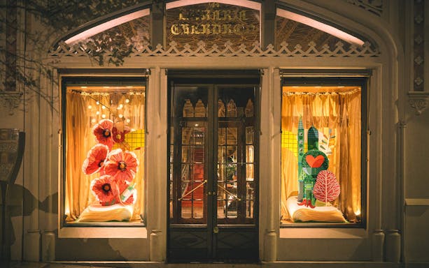 Livraria Lello library entrance with Christmas decorations in Porto, Portugal.