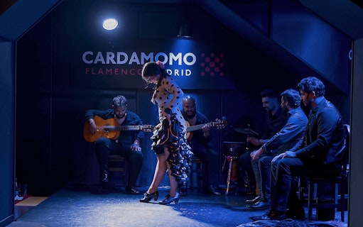 Flamenco dancer performing with musicians at Cardamomo Flamenco in Madrid.