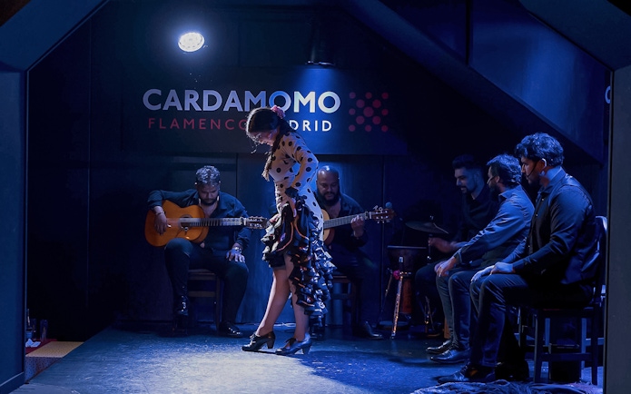 Flamenco dancer performing with musicians at Cardamomo Flamenco in Madrid.