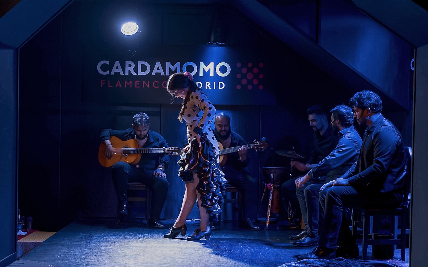 Flamenco dancer performing with musicians at Cardamomo Flamenco in Madrid.