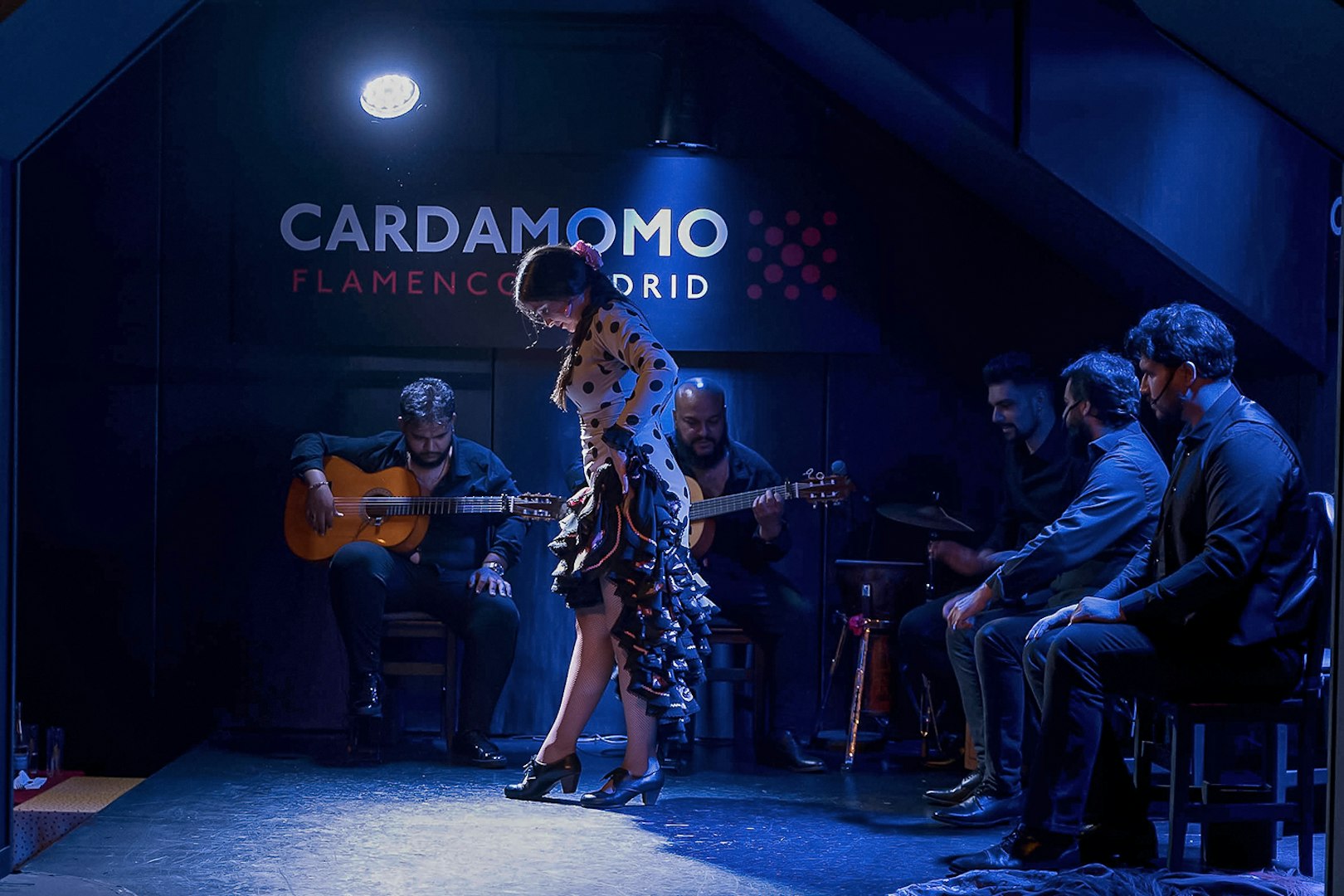 Flamenco dancer performing with musicians at Cardamomo Flamenco in Madrid.