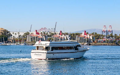 Sightseeing boat cruising in Los Angeles Harbor with cityscape and cranes in the background.