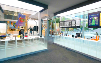 Red Dot Design Museum interior with design exhibits and shopping area in Singapore.