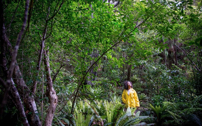 Young woman in a yellow jacket exploring lush island forest.