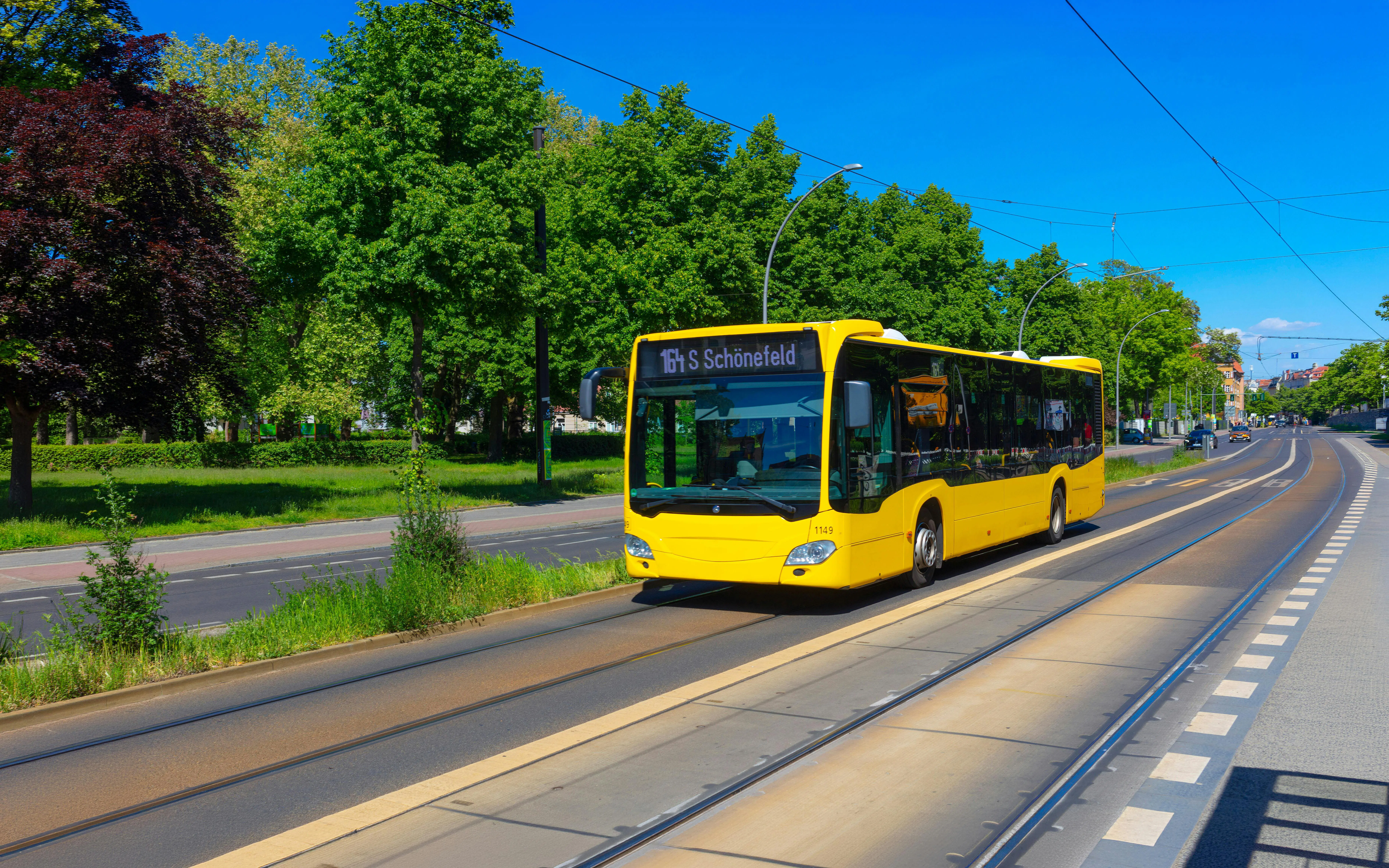 BVG Berlin bus on a tree-lined street heading to Schönefeld.