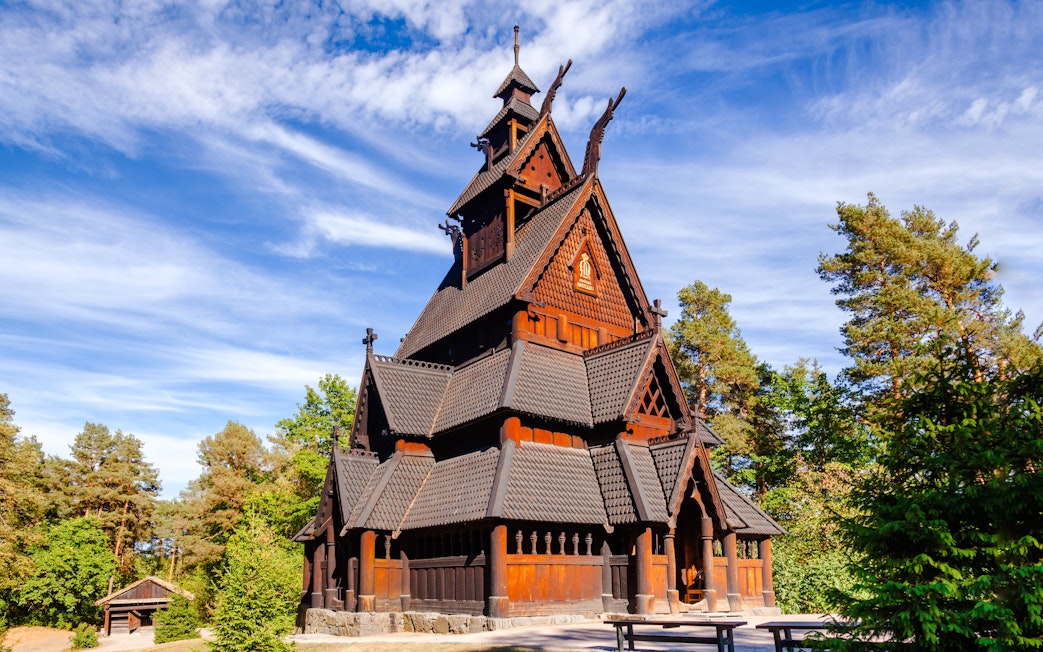 Stave church at the Norwegian Museum, Bygdoy peninsula, Oslo, Norway.