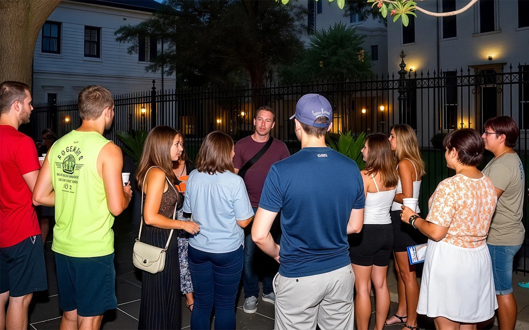 Group on a guided haunted pub crawl in New Orleans.