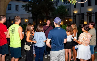 Group on a guided haunted pub crawl in New Orleans.