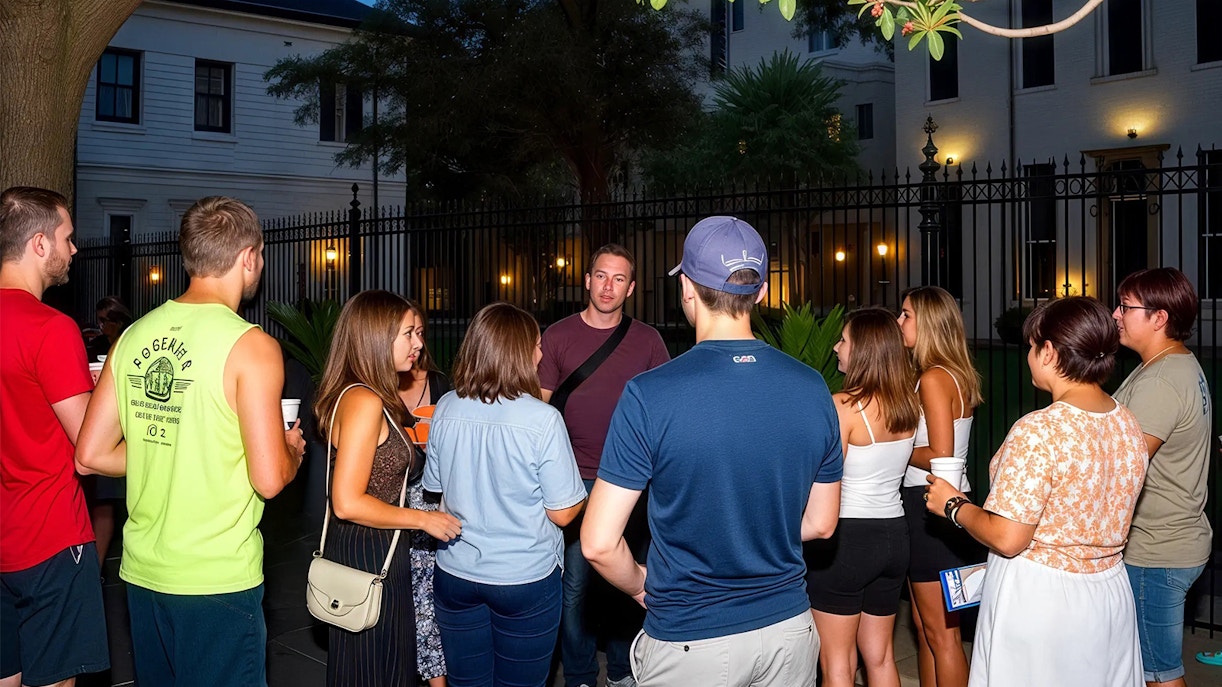 Group on a guided haunted pub crawl in New Orleans.