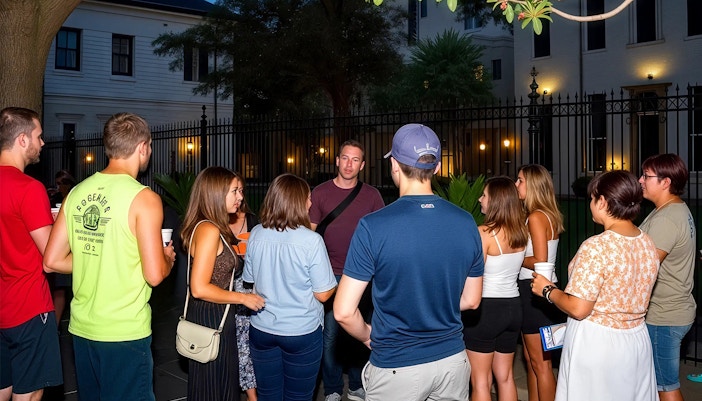 Group on a guided haunted pub crawl in New Orleans.