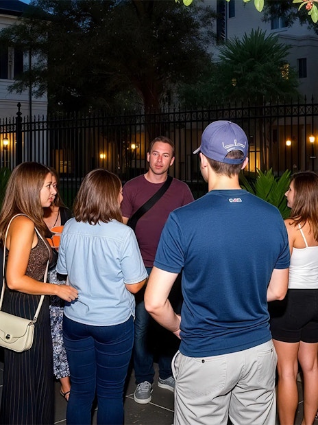 Group on a guided haunted pub crawl in New Orleans.