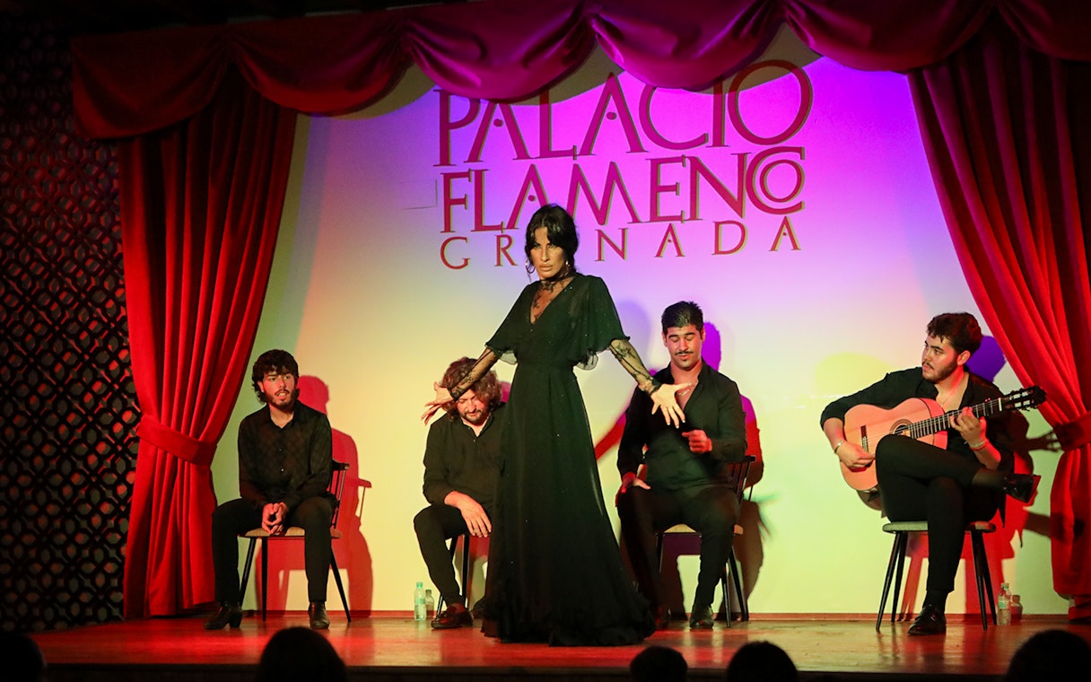 Flamenco dancer performing at Palacio de los Olvidados in Granada with musicians.