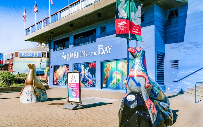 Aquarium of the Bay entrance with sea life murals and sculptures, San Francisco, California.