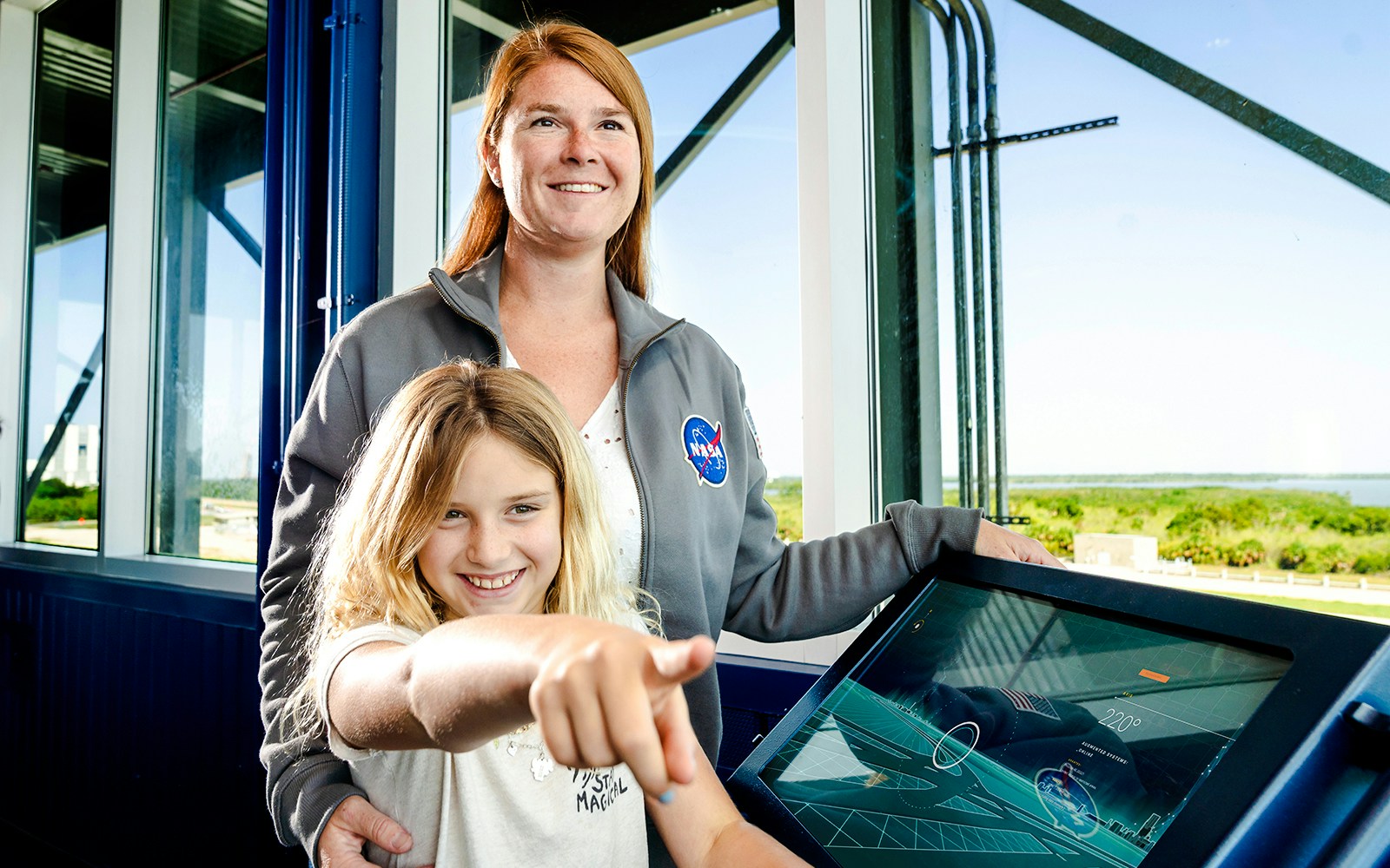 Visitors using augmented reality viewers at the Gantry LC-39, Kennedy Space Center.