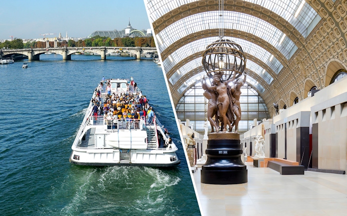 Seine River cruise and Musée d'Orsay interior in Paris.