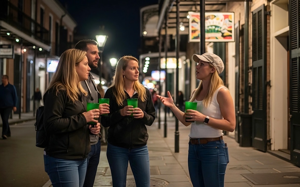 Group on a guided haunted pub crawl in New Orleans at night.
