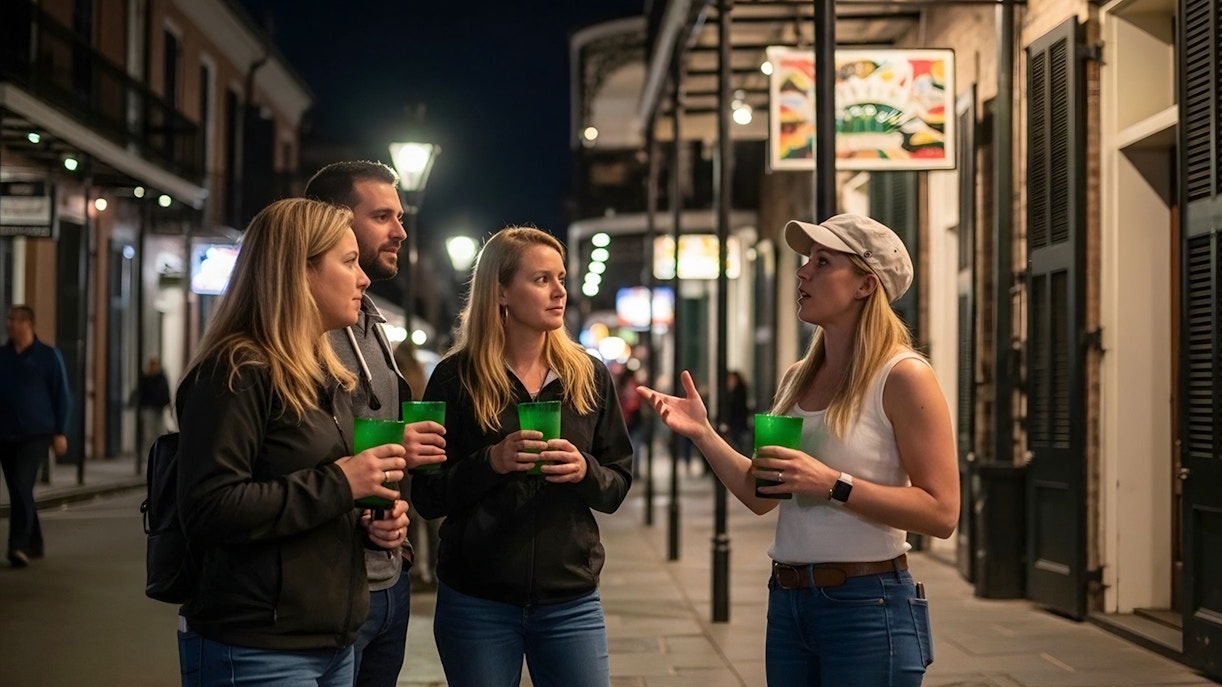 Guided tour group exploring haunted pub in New Orleans at night.