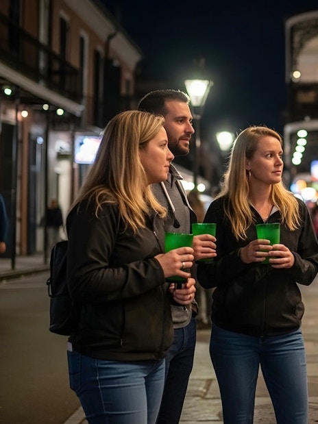 Group on a guided haunted pub crawl in New Orleans at night.