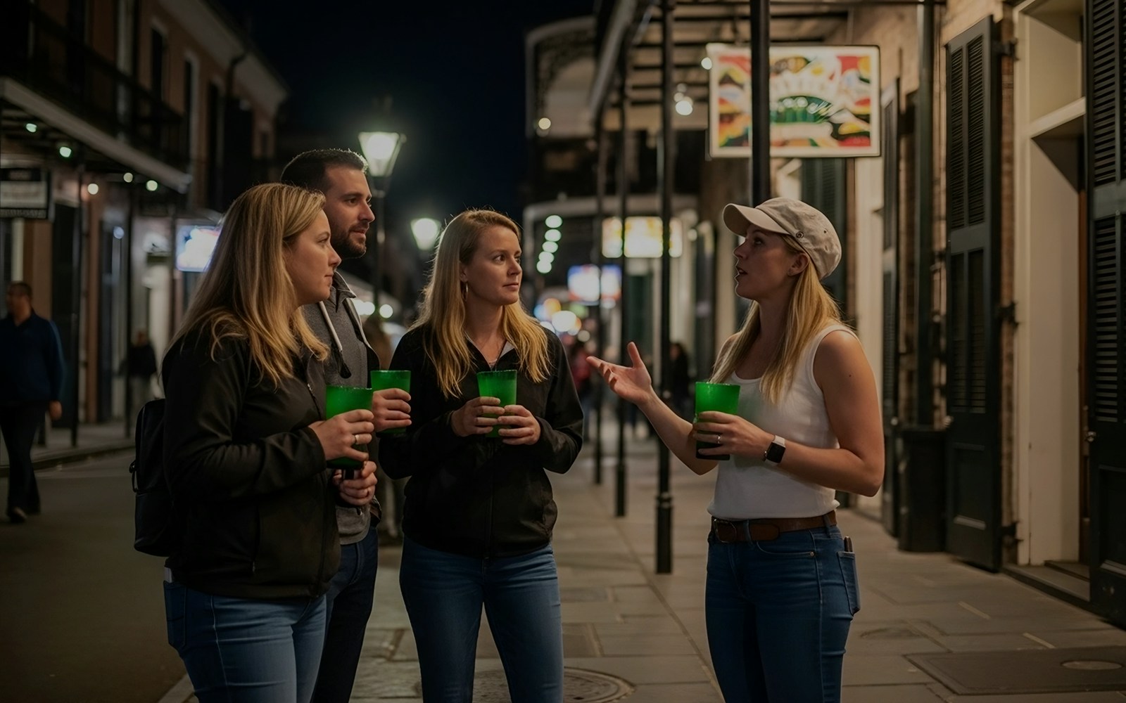 Group on a guided haunted pub crawl in New Orleans at night.