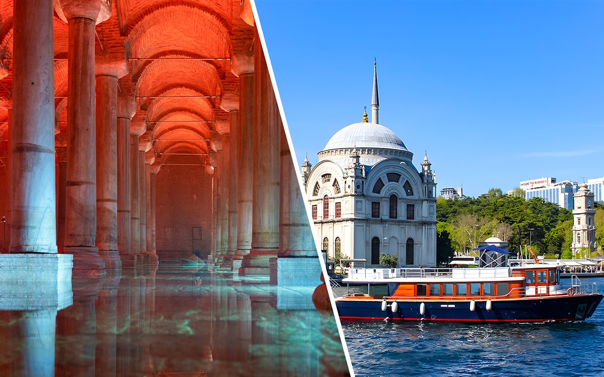 Basilica Cistern interior and boat on Bosphorus in Istanbul.