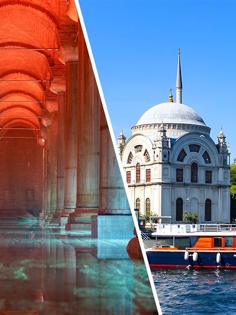 Basilica Cistern interior and boat on Bosphorus in Istanbul.