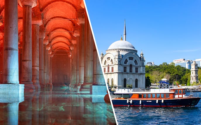 Basilica Cistern interior and boat on Bosphorus in Istanbul.