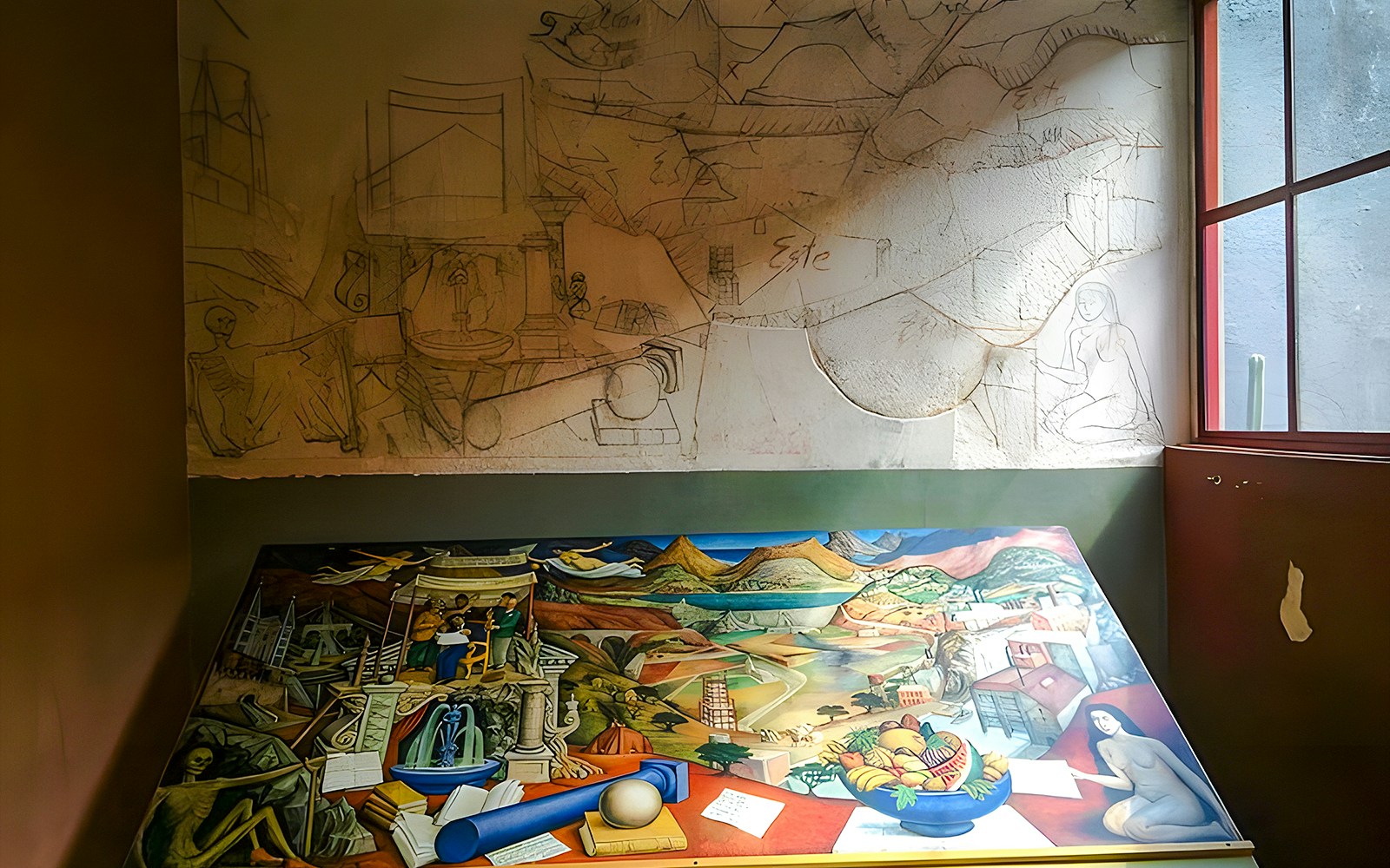 Preparatory sketch and mural "Entre la Filosofía y la Ciencia" by Juan O'Gorman at Museo Casa Estudio, Mexico City.