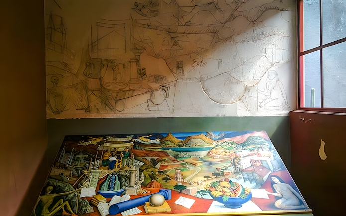 Preparatory sketch and mural "Entre la Filosofía y la Ciencia" by Juan O'Gorman at Museo Casa Estudio, Mexico City.