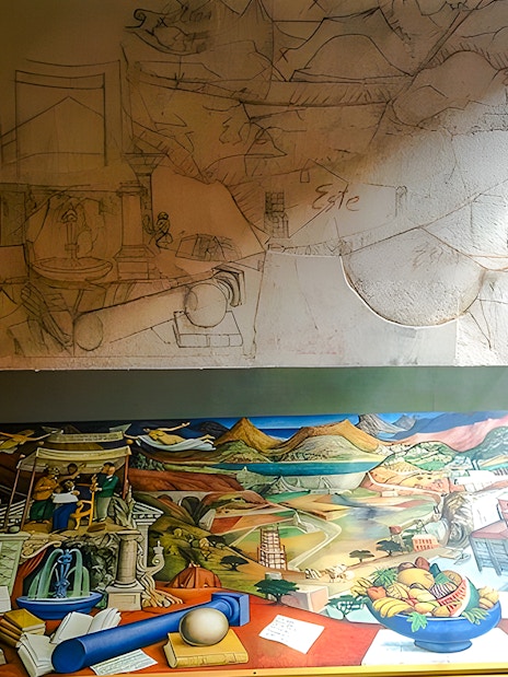Preparatory sketch and mural "Entre la Filosofía y la Ciencia" by Juan O'Gorman at Museo Casa Estudio, Mexico City.