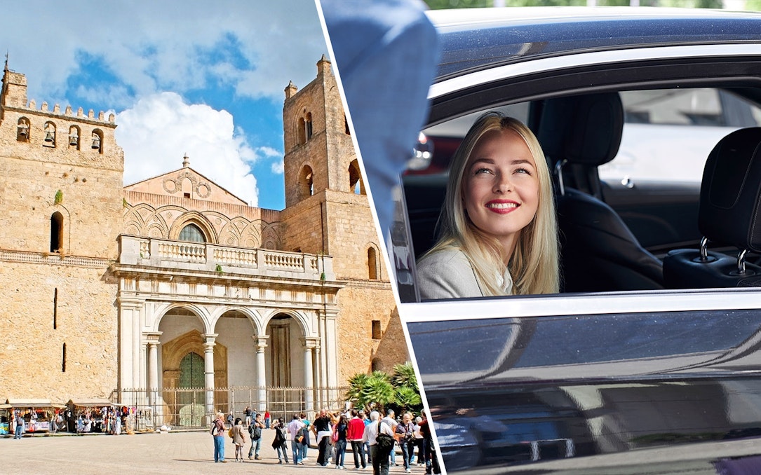 Monreale Cathedral facade and woman in car for Palermo to Monreale shuttle transfer.
