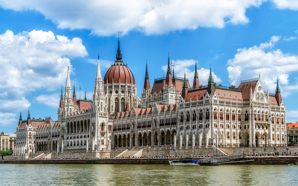 Hungarian Parliament building along the Danube River in Budapest.
