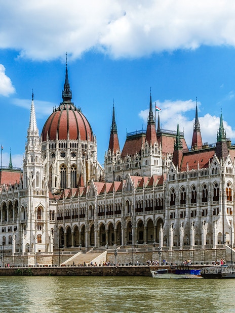 Hungarian Parliament building along the Danube River in Budapest.