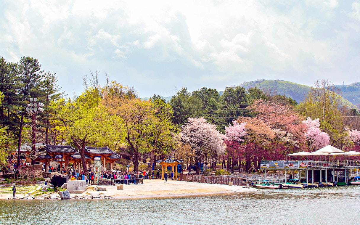 Visitors at Nami Island dock, South Korea, with cherry blossoms and traditional gate.