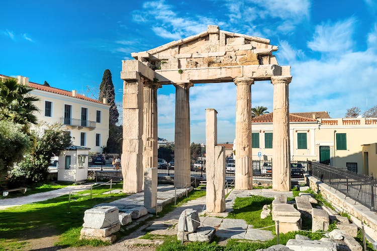 Gate of Athena Archegetis in Roman Agora, Athens, with ancient columns and historical architecture.