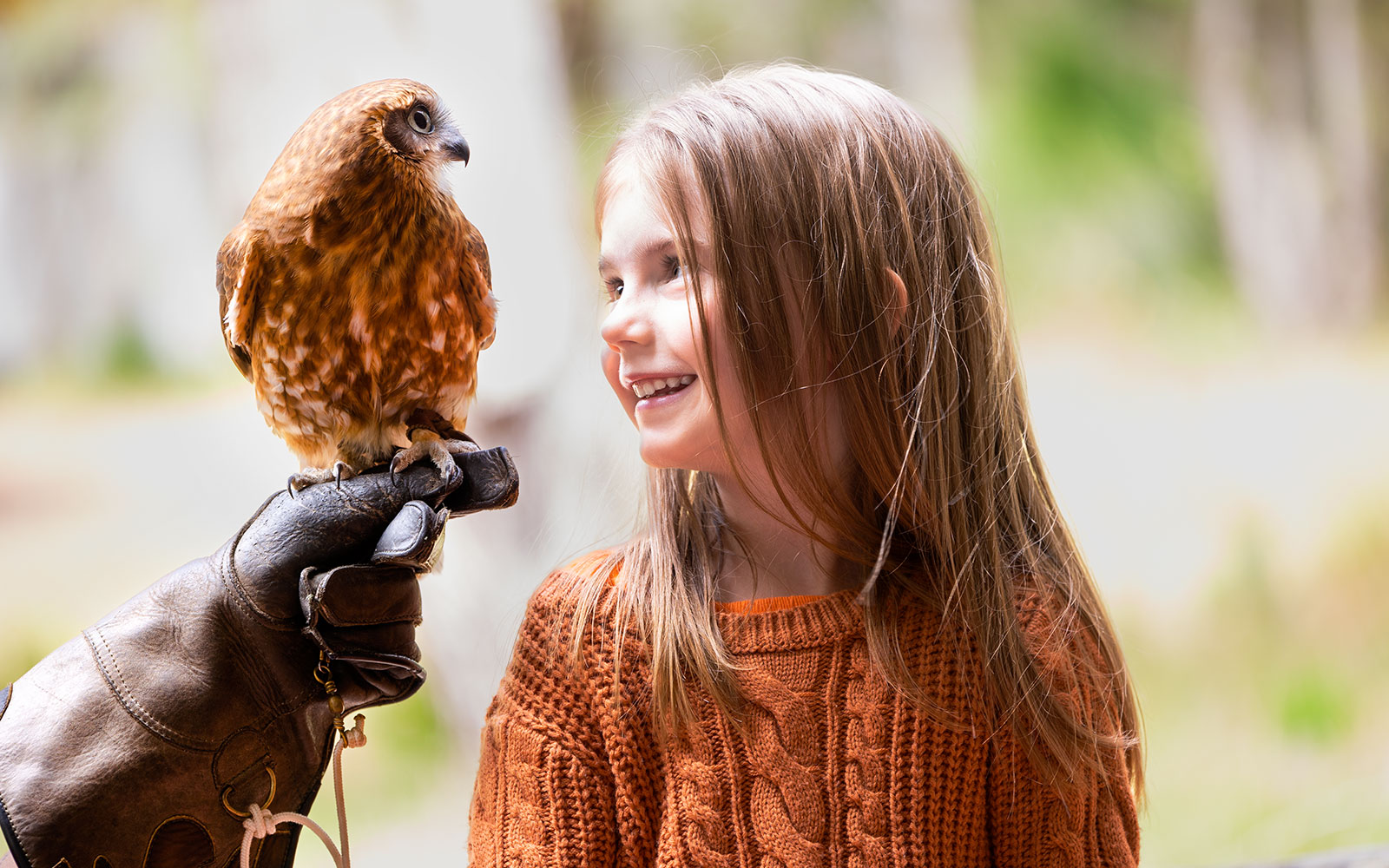 Child smiling at a bird perched on a gloved hand at Capes Raptor Centre.