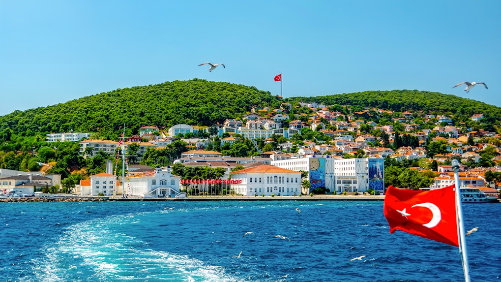 Buyukada Island view from cruise with Turkish flag, Istanbul.
